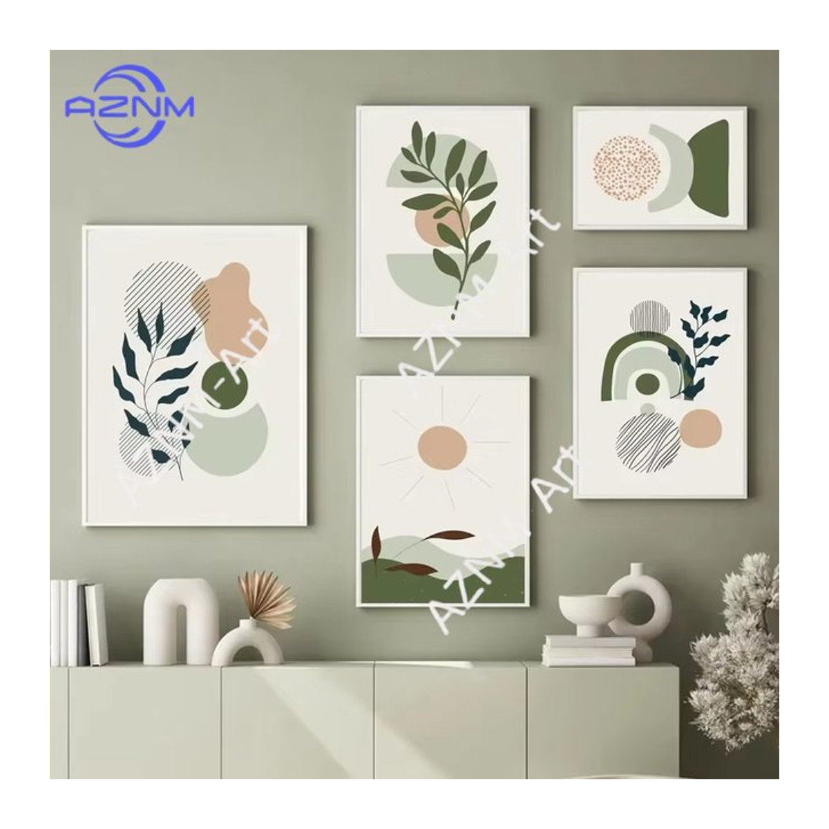 AZNM Boho Wandkunst Leinwanddruck mit abstrakten floralen Linien in Salbeigrün, Nordisches Poster für deine Wohnzimmerdekoration - Bild 1