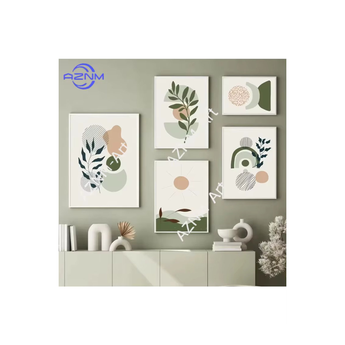 AZNM Boho Wandkunst Leinwanddruck mit abstrakten floralen Linien in Salbeigrün, Nordisches Poster für deine Wohnzimmerdekoration - Bild 3