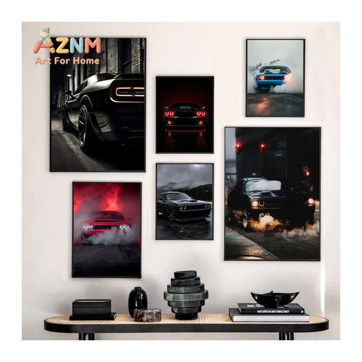 AZNM Dodge Challenger Muscle Car Leinwandposter, ungerahmter Wandkunstdruck in Schwarz, Rot und Blau - Bild 1