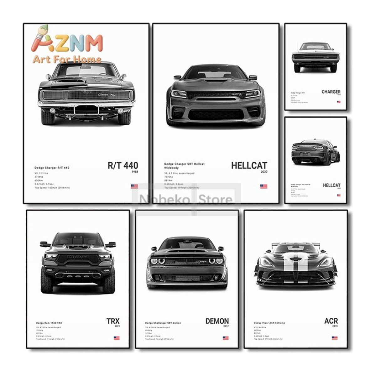 AZNM Dodge Muscle Car Collection Wandkunstdruck als ungerahmtes Leinwandposter in Schwarz-Weiß mit den Motiven Charger, Hellcat, Demon, TRX & VIP - Bild 1