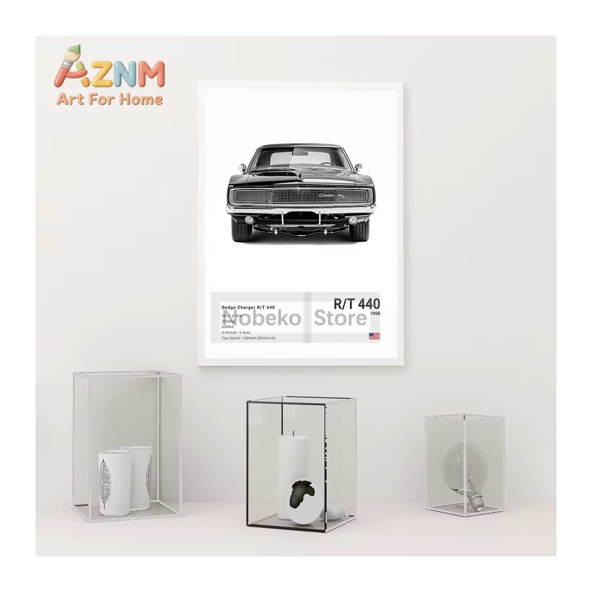 AZNM Dodge Muscle Car Collection Wandkunstdruck als ungerahmtes Leinwandposter in Schwarz-Weiß mit den Motiven Charger, Hellcat, Demon, TRX & VIP - Bild 2