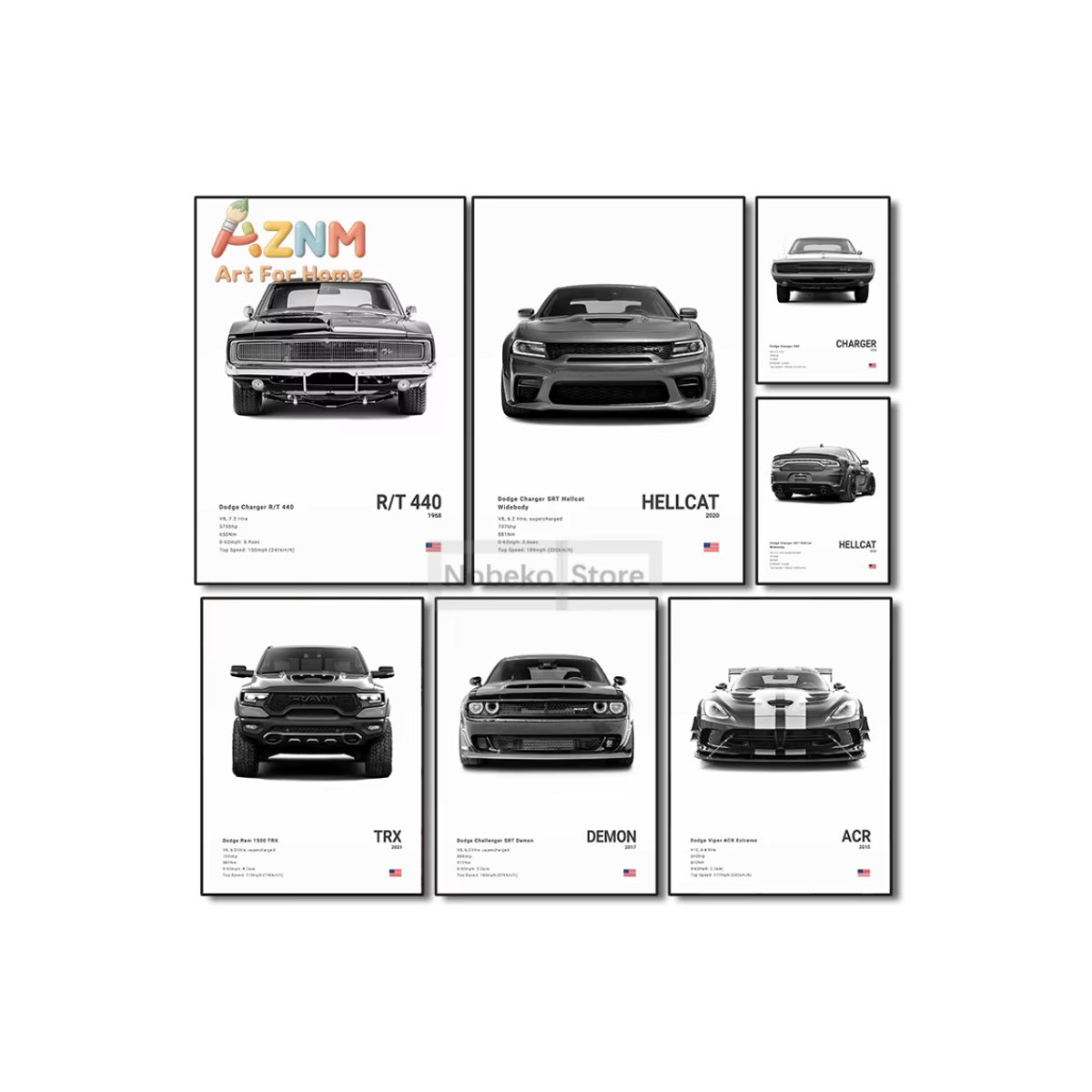 AZNM Dodge Muscle Car Collection Wandkunstdruck als ungerahmtes Leinwandposter in Schwarz-Weiß mit den Motiven Charger, Hellcat, Demon, TRX & VIP - Bild 3