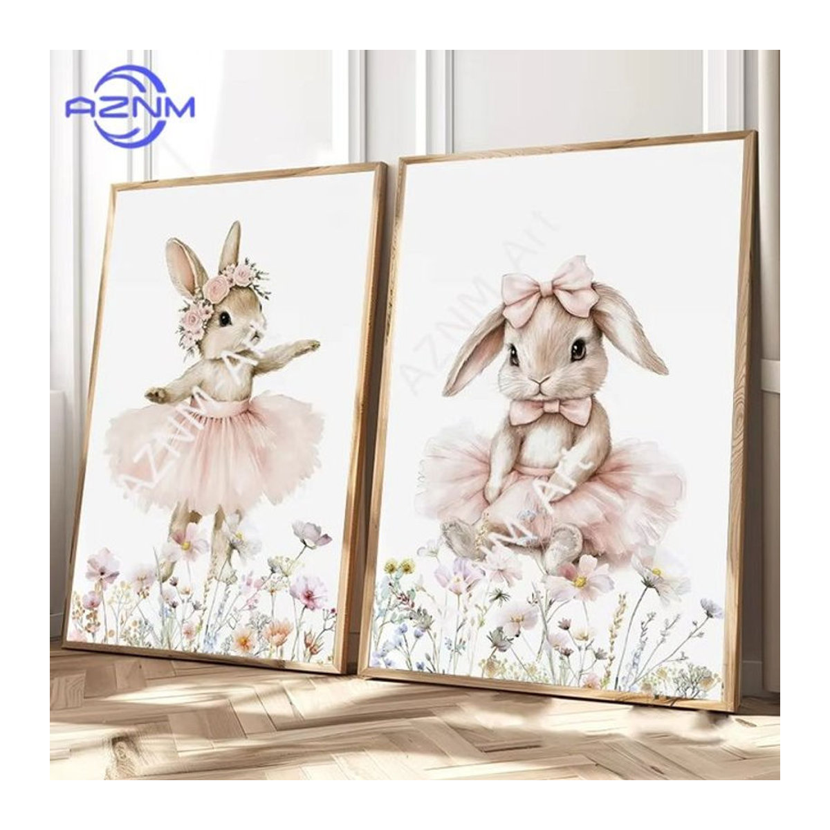AZNM Hasen-Ballerina Wildblumen Leinwandbild in Rosa und Weiß für das Babyzimmer im Landhausstil - Bild 1