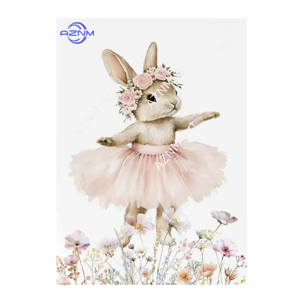 AZNM Hasen-Ballerina Wildblumen Leinwandbild in Rosa und Weiß für das Babyzimmer im Landhausstil - Bild 2