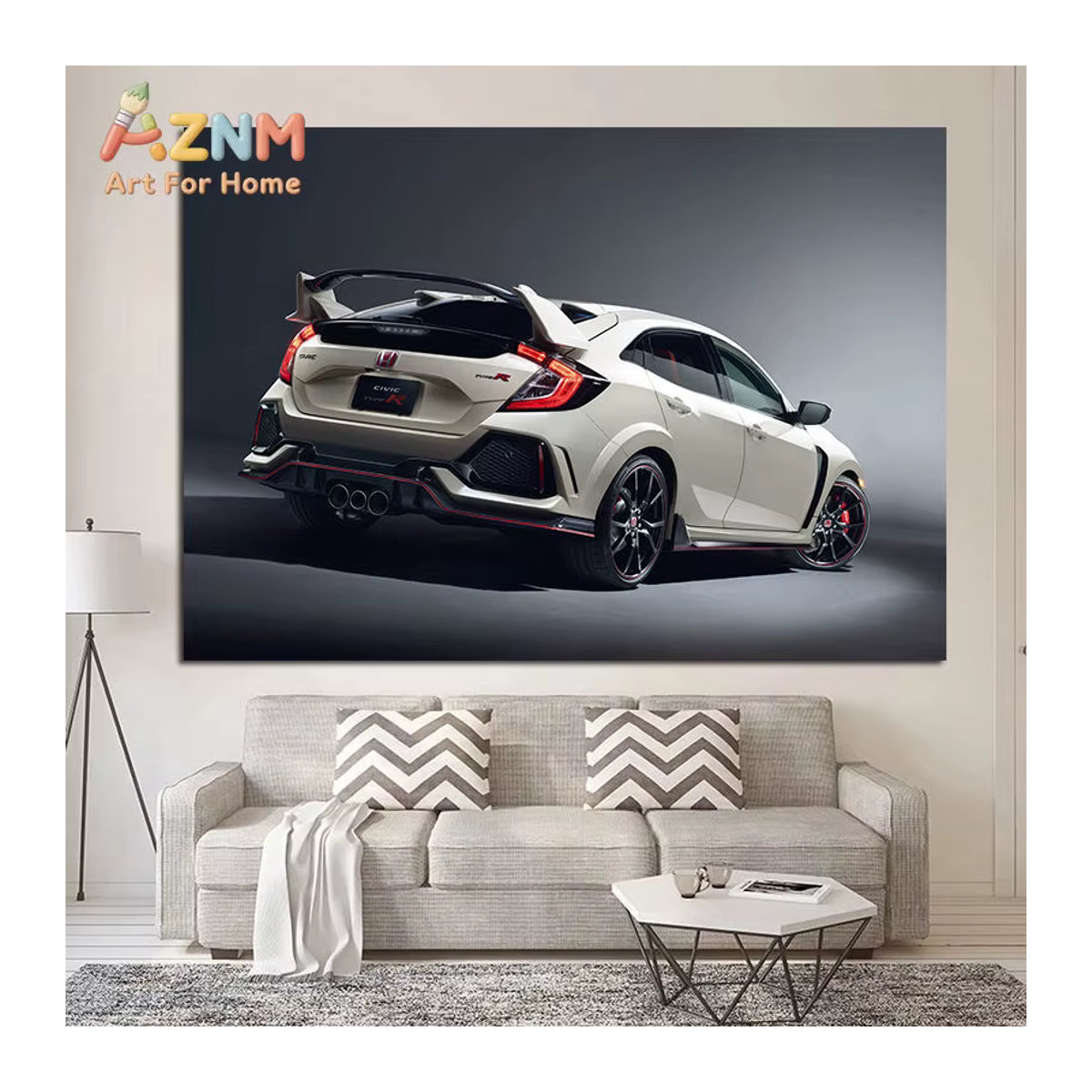 AZNM Honda Civic Type R Leinwandposter weißer Sportwagen im Querformat ohne Rahmen - Bild 2