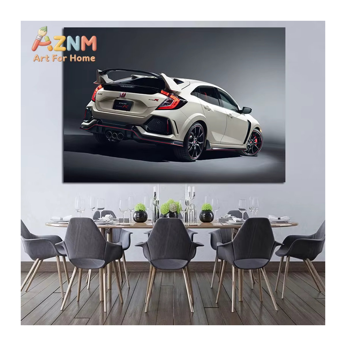 AZNM Honda Civic Type R Leinwandposter weißer Sportwagen im Querformat ohne Rahmen - Bild 3