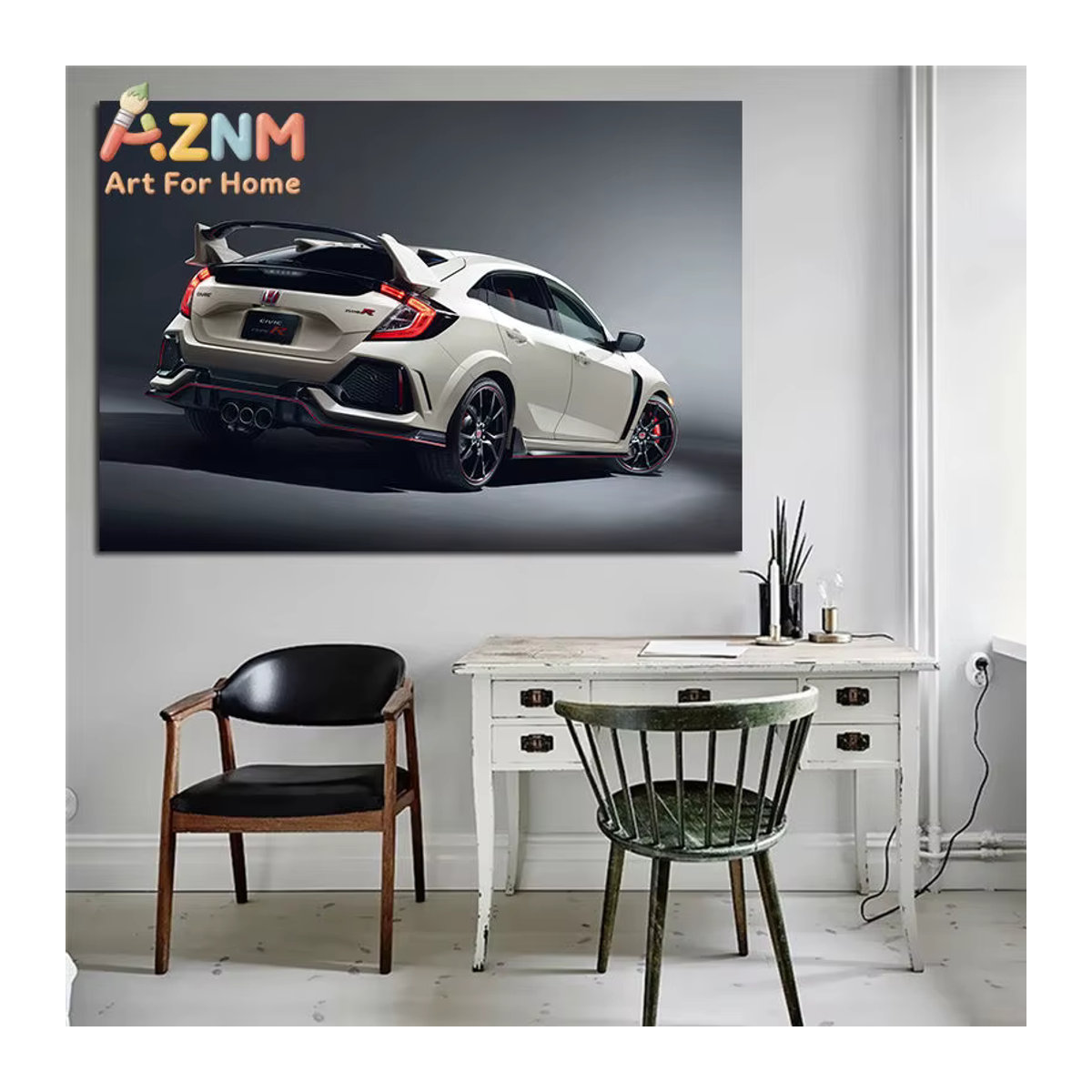 AZNM Honda Civic Type R Leinwandposter weißer Sportwagen im Querformat ohne Rahmen - Bild 4