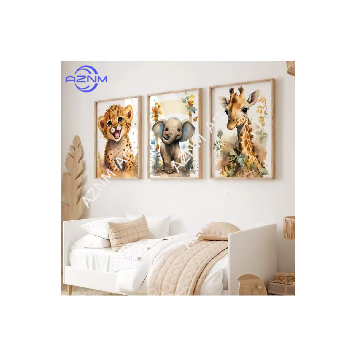 AZNM Kinderposter mit Tier-Motiven Elefant, Löwe, Tiger und Giraffe als mehrfarbiger Leinwanddruck für dein Kinderzimmer - Bild 3