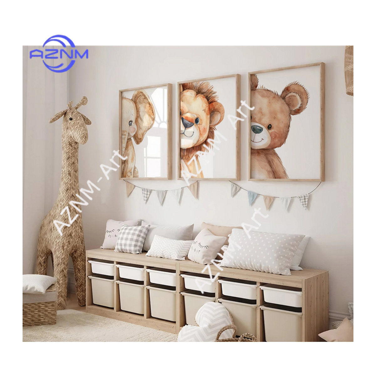 AZNM Kinderzimmer Wandkunst mit Tierdrucken Elefant Bär und Löwe in skandinavischem Design, weiß, Holz, Hochformat - Bild 1