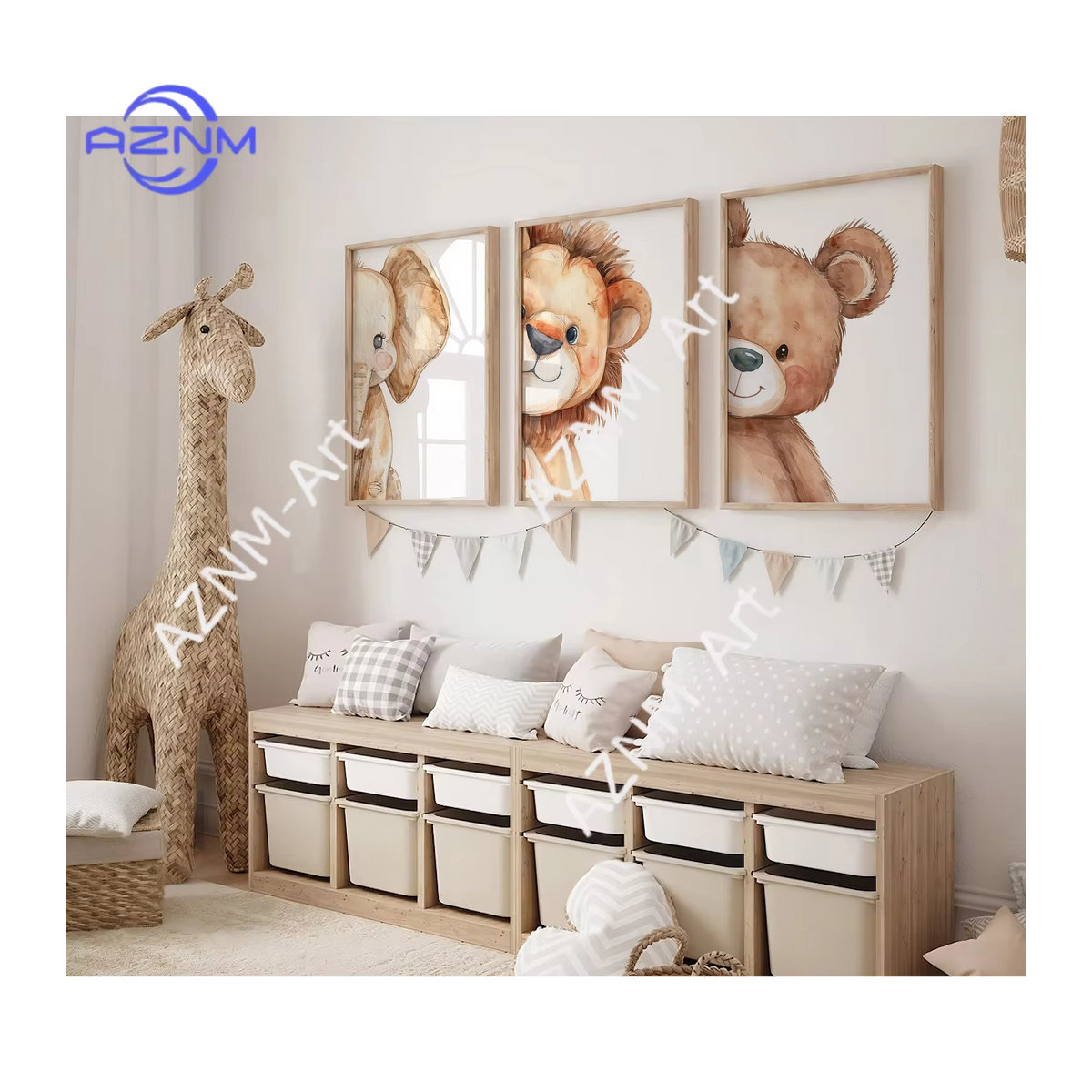 AZNM Kinderzimmer Wandkunst mit Tierdrucken Elefant Bär und Löwe in skandinavischem Design, weiß, Holz, Hochformat - Bild 4