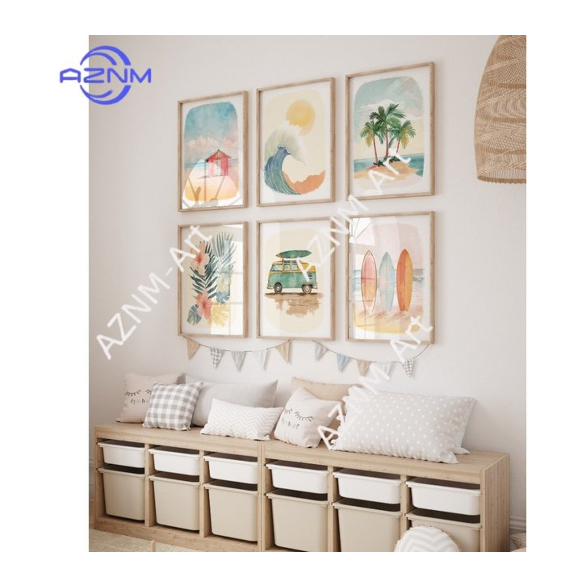 AZNM Leinwandbild Set mit Cartoon-Illustration Strand und Surfbrett in Mehrfarbig, Rahmenlos - Bild 1