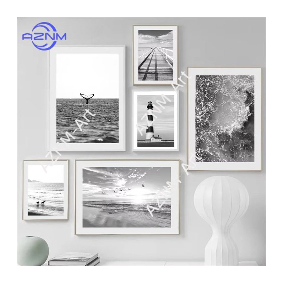 AZNM Leinwandposter Schwarz-Weiß mit Meeresstrand, Wal und Leuchtturm für deine moderne Wanddekoration - Bild 1