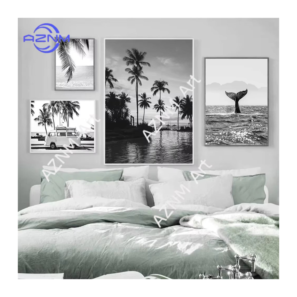 AZNM Leinwandposter Schwarz-Weiß mit Meeresstrand, Wal und Leuchtturm für deine moderne Wanddekoration - Bild 2