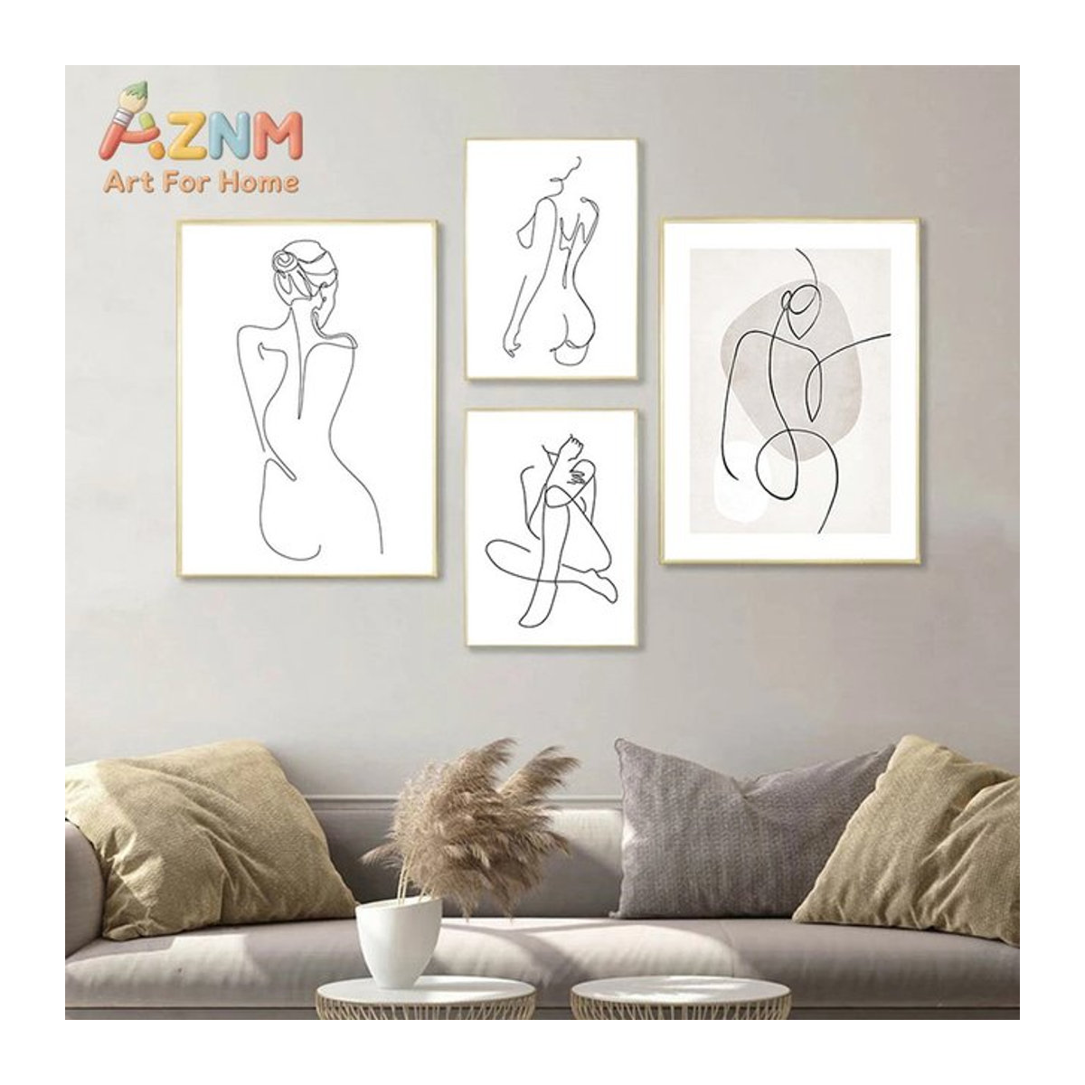 AZNM Minimalistischer Kunstdruck mit weiblicher Figur im Linienstil, ungerahmtes Leinwandposter mit abstrakter Illustration einer nackten Frau und geometrischen Elementen in Weiß, Hochformat - Bild 1