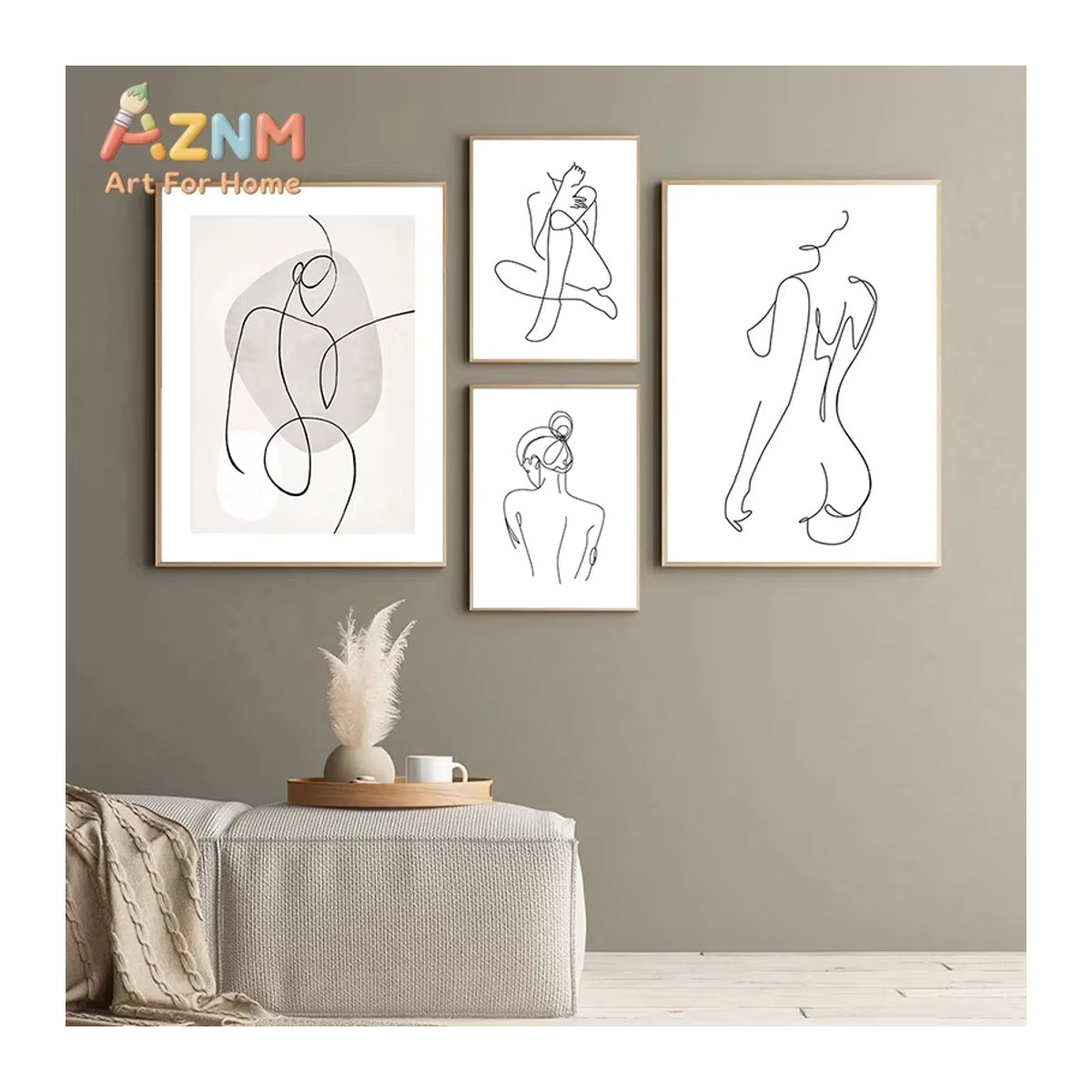 AZNM Minimalistischer Kunstdruck mit weiblicher Figur im Linienstil, ungerahmtes Leinwandposter mit abstrakter Illustration einer nackten Frau und geometrischen Elementen in Weiß, Hochformat - Bild 2