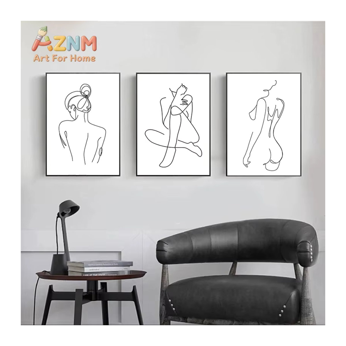 AZNM Minimalistischer Kunstdruck mit weiblicher Figur im Linienstil, ungerahmtes Leinwandposter mit abstrakter Illustration einer nackten Frau und geometrischen Elementen in Weiß, Hochformat - Bild 3