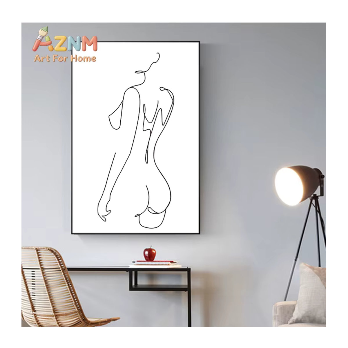 AZNM Minimalistischer Kunstdruck mit weiblicher Figur im Linienstil, ungerahmtes Leinwandposter mit abstrakter Illustration einer nackten Frau und geometrischen Elementen in Weiß, Hochformat - Bild 4