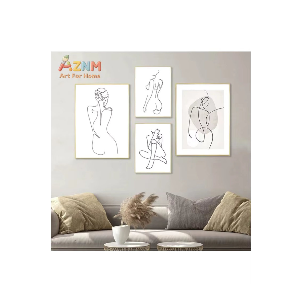 AZNM Minimalistischer Kunstdruck mit weiblicher Figur im Linienstil, ungerahmtes Leinwandposter mit abstrakter Illustration einer nackten Frau und geometrischen Elementen in Weiß, Hochformat - Bild 5