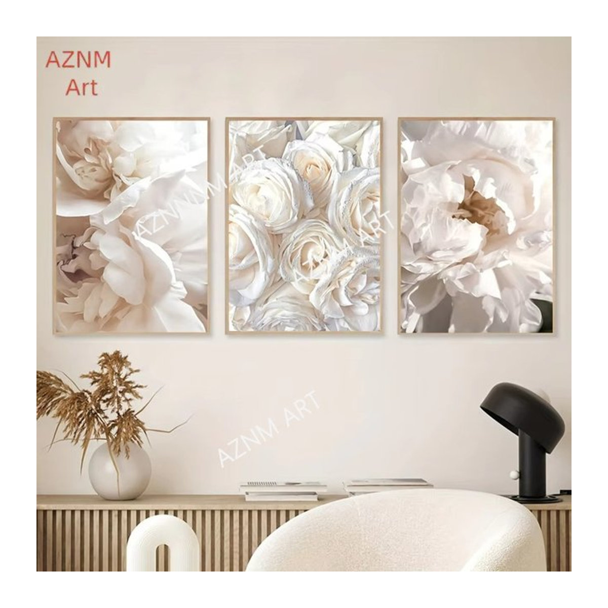 AZNM Minimalistisches Blumen-Wandkunst Set aus Leinwanddrucken, 3-teiliges florales Botanik-Poster in Weiß, Hochformat, Rahmenlos - Bild 1