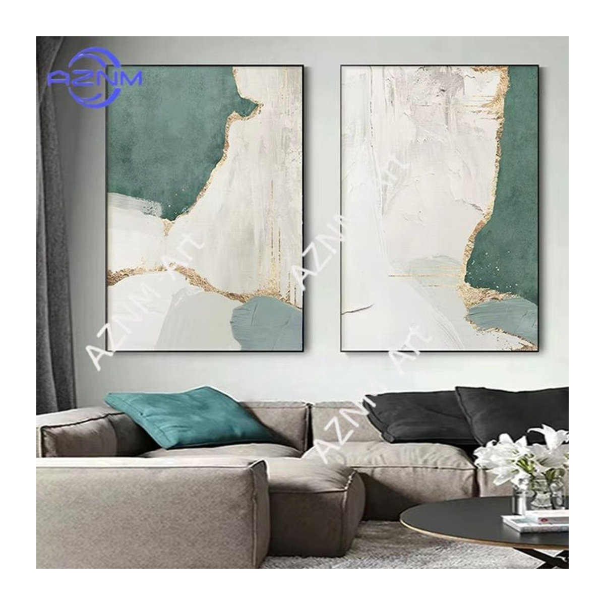 AZNM Moderne Abstrakte Leinwandmalerei mit Goldfolie in Grün und Braun, Rechteckiges Wandbild im Hochformat zur Wanddekoration - Bild 1