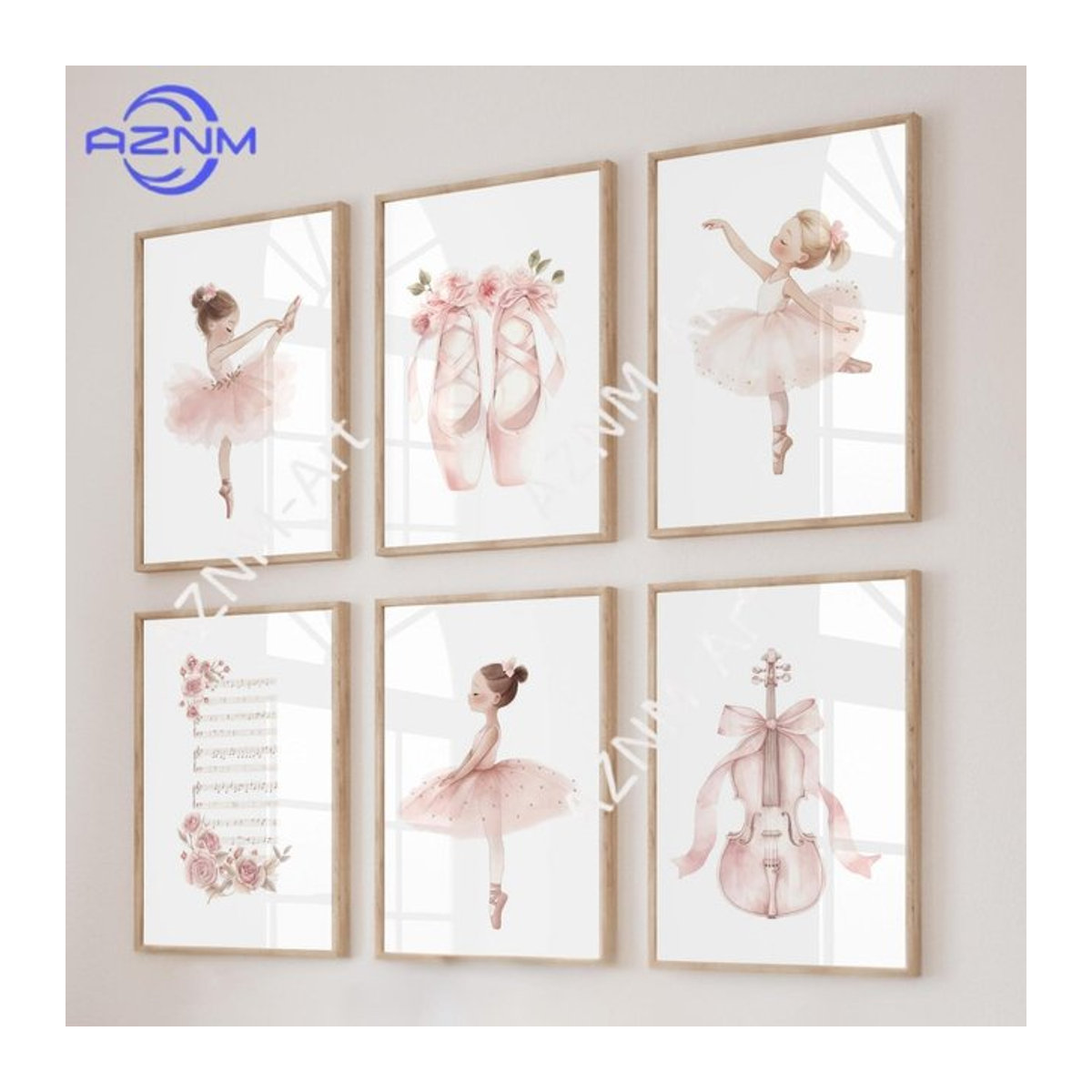 AZNM Moderne Leinwandgemälde für das Kinderzimmer mit Ballerinas, Violinen und Blumen in Rosa, Rahmenlos, Hochformat - Bild 1