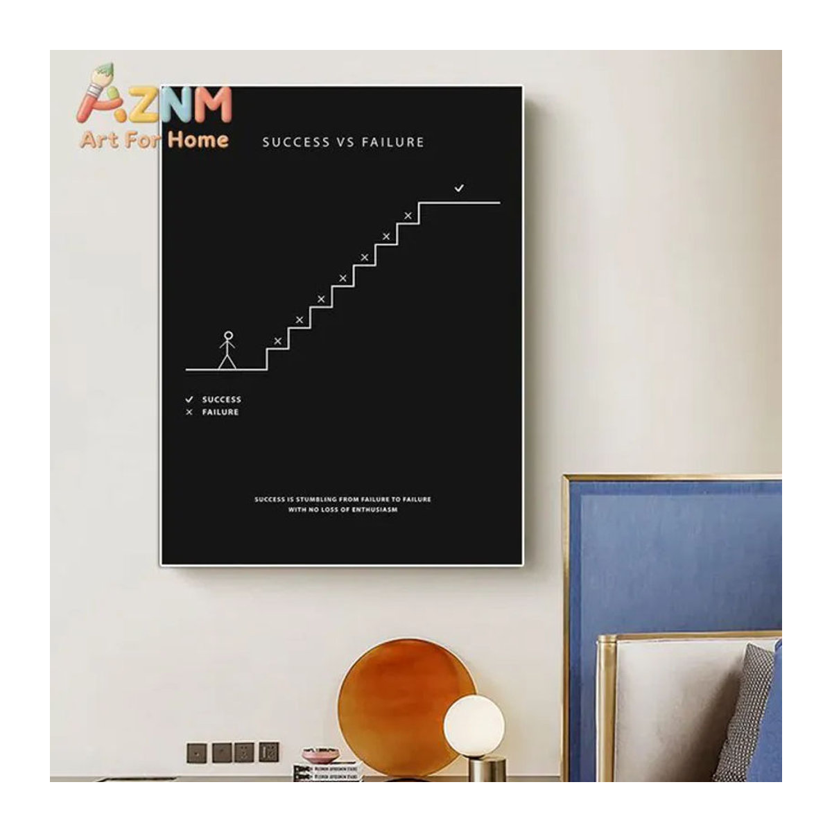 AZNM Motivierender Wandkunstdruck Success vs Failure als minimalistisches Leinwandposter mit Treppenmotiv in Schwarz-Weiß, ungerahmt, Hochformat - Bild 1