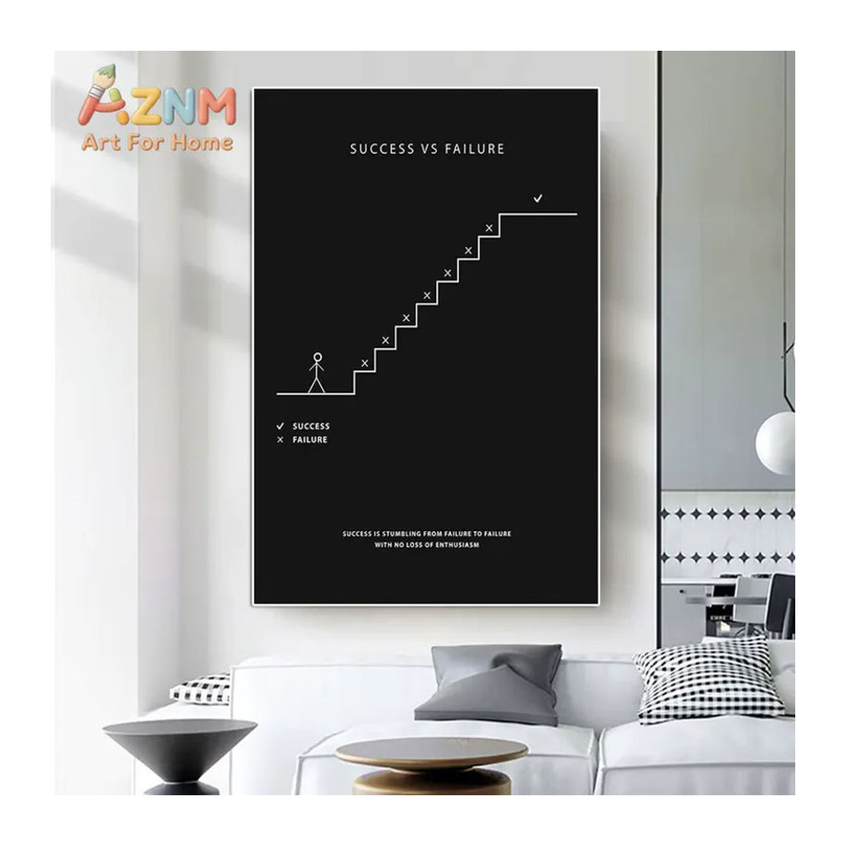 AZNM Motivierender Wandkunstdruck Success vs Failure als minimalistisches Leinwandposter mit Treppenmotiv in Schwarz-Weiß, ungerahmt, Hochformat - Bild 2