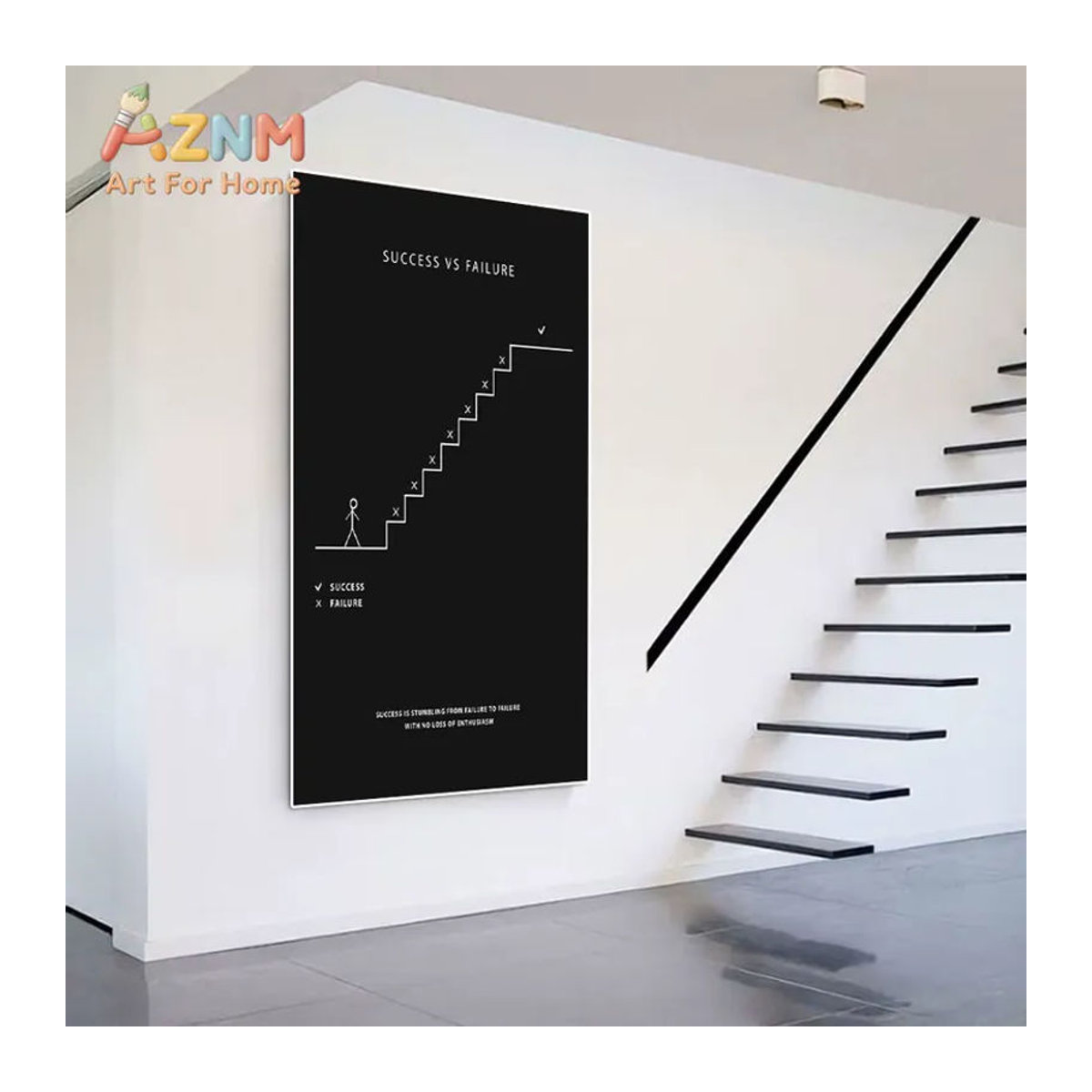 AZNM Motivierender Wandkunstdruck Success vs Failure als minimalistisches Leinwandposter mit Treppenmotiv in Schwarz-Weiß, ungerahmt, Hochformat - Bild 3