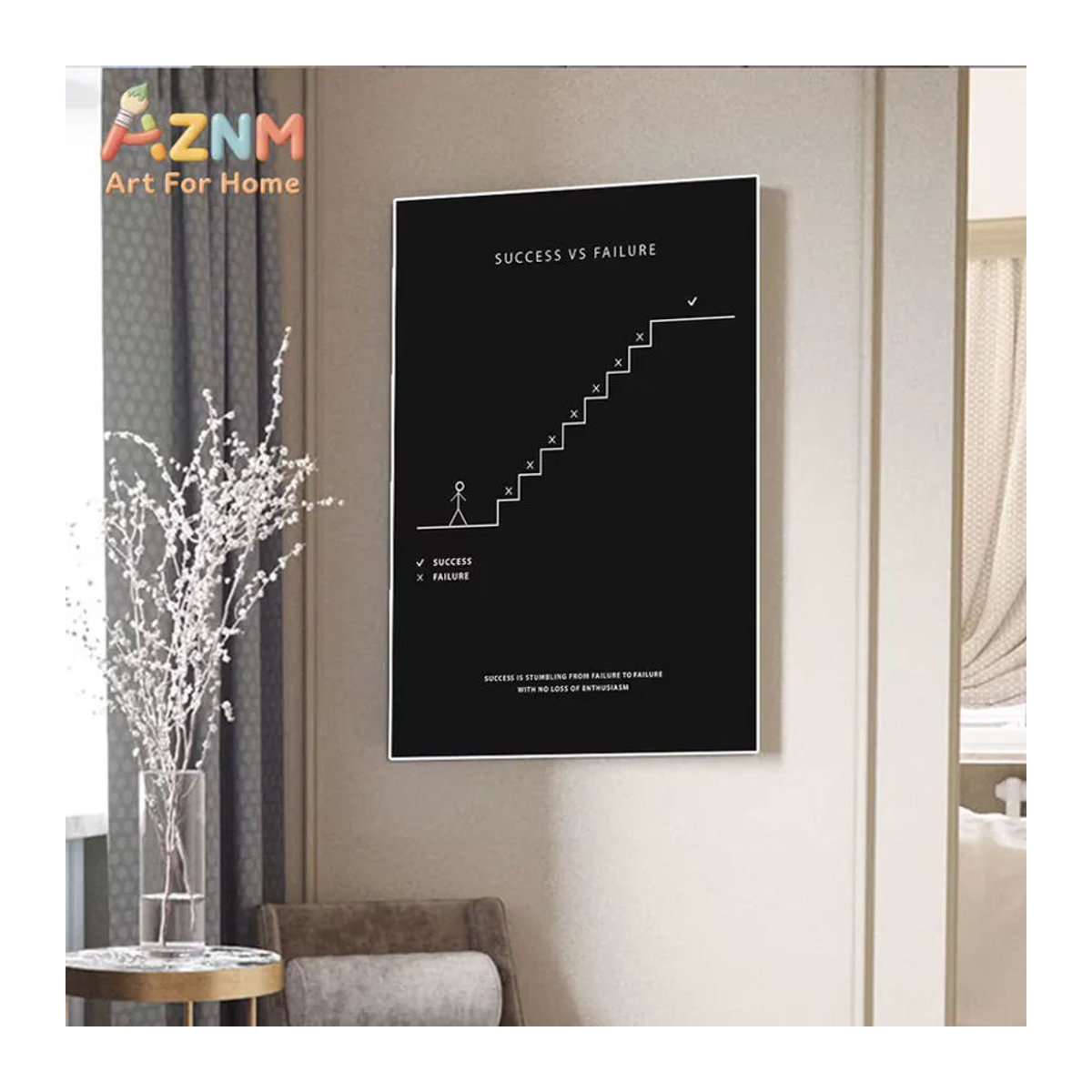 AZNM Motivierender Wandkunstdruck Success vs Failure als minimalistisches Leinwandposter mit Treppenmotiv in Schwarz-Weiß, ungerahmt, Hochformat - Bild 4