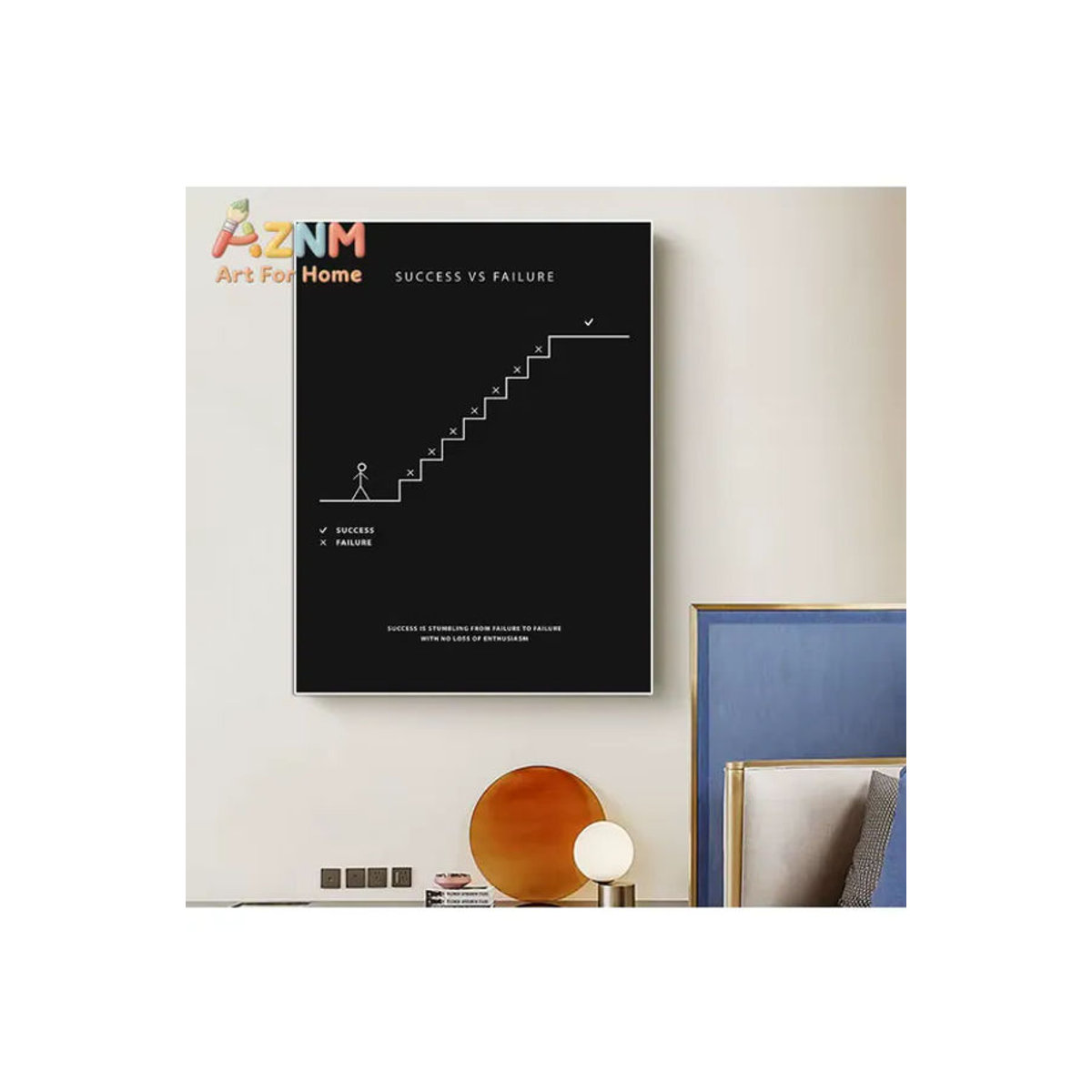 AZNM Motivierender Wandkunstdruck Success vs Failure als minimalistisches Leinwandposter mit Treppenmotiv in Schwarz-Weiß, ungerahmt, Hochformat - Bild 5