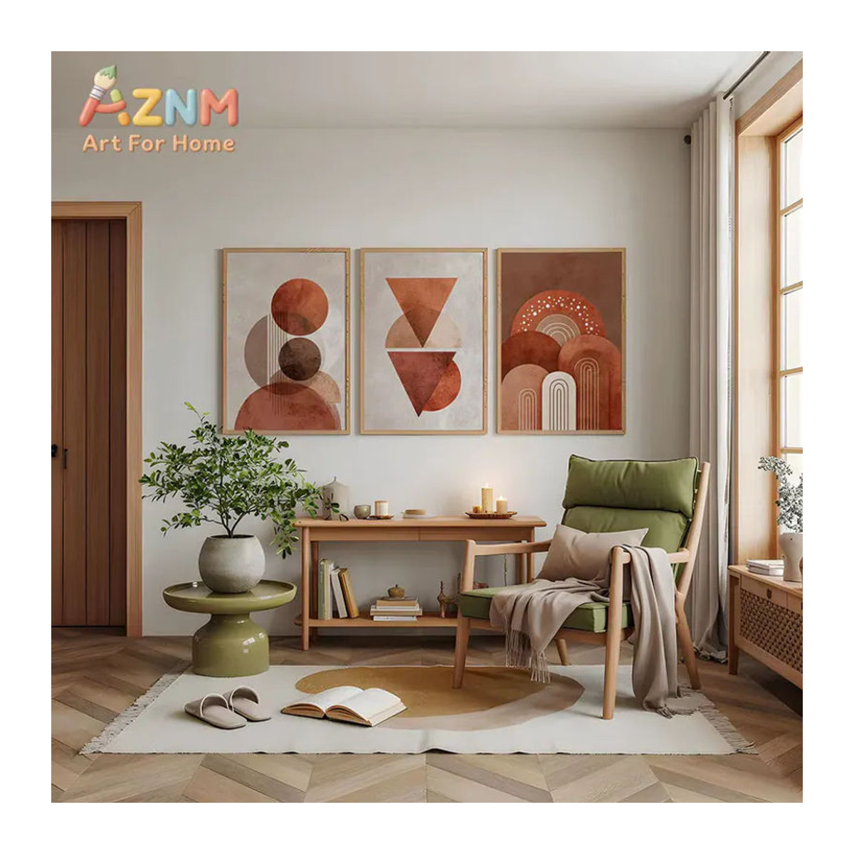 AZNM Set aus 3 Leinwanddrucken mit geometrischen Terrakotta-Formen in Beige für moderne Boho Wanddekoration - Bild 2