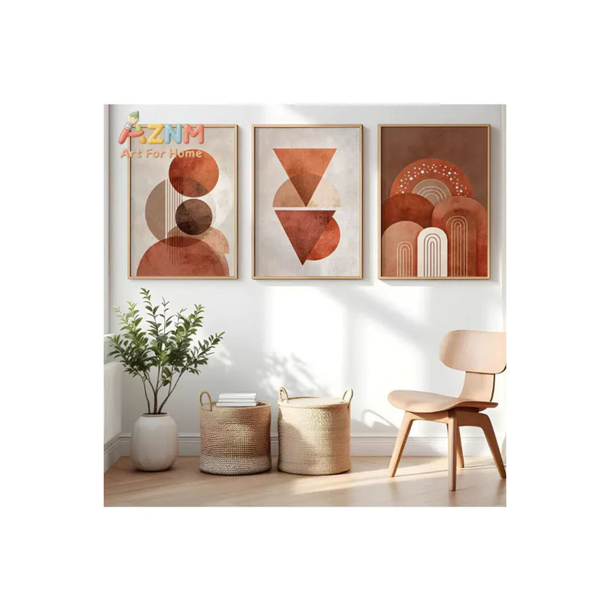 AZNM Set aus 3 Leinwanddrucken mit geometrischen Terrakotta-Formen in Beige für moderne Boho Wanddekoration - Bild 5