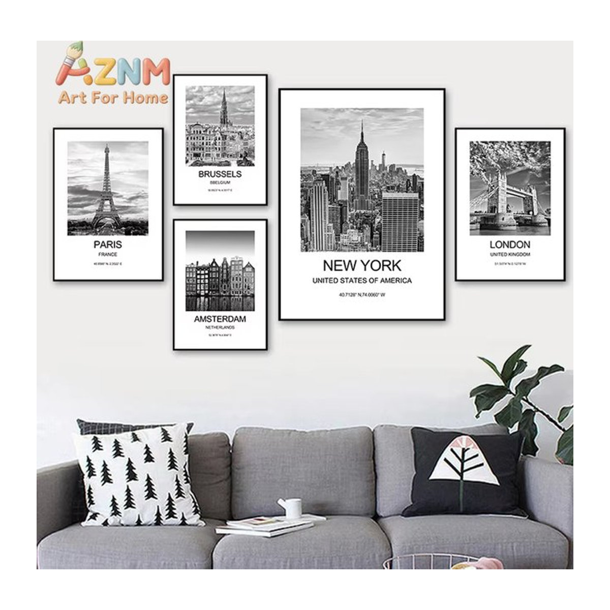 AZNM Stadtposter New York London Paris als moderne Leinwand Wandkunst in Schwarz für deine Heimdekoration - Bild 1