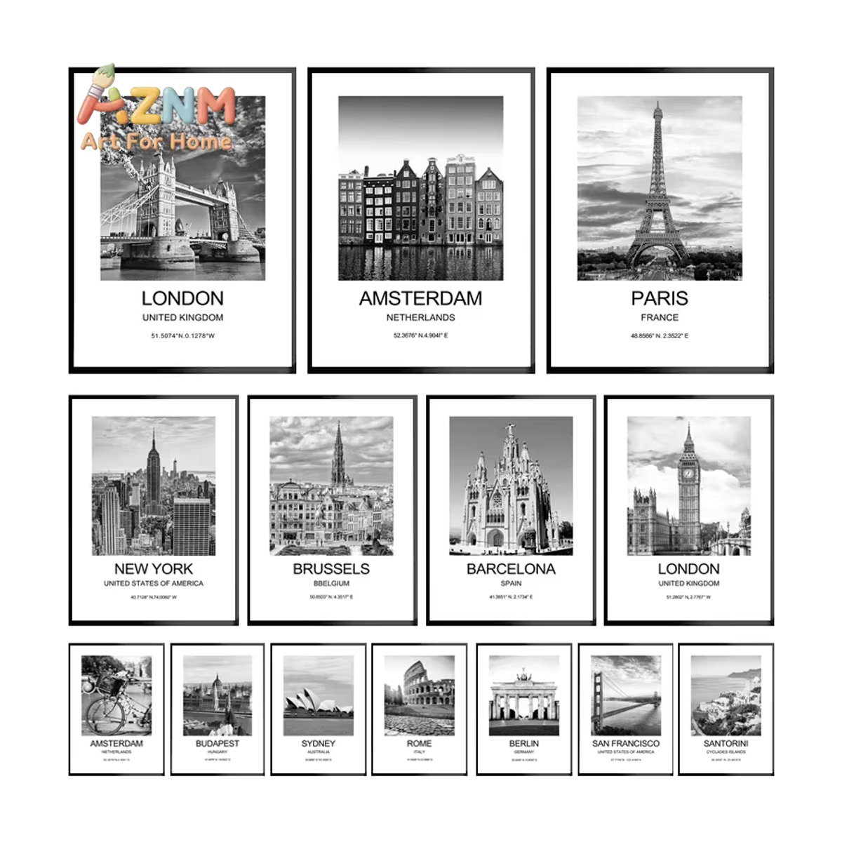 AZNM Stadtposter New York London Paris als moderne Leinwand Wandkunst in Schwarz für deine Heimdekoration - Bild 2