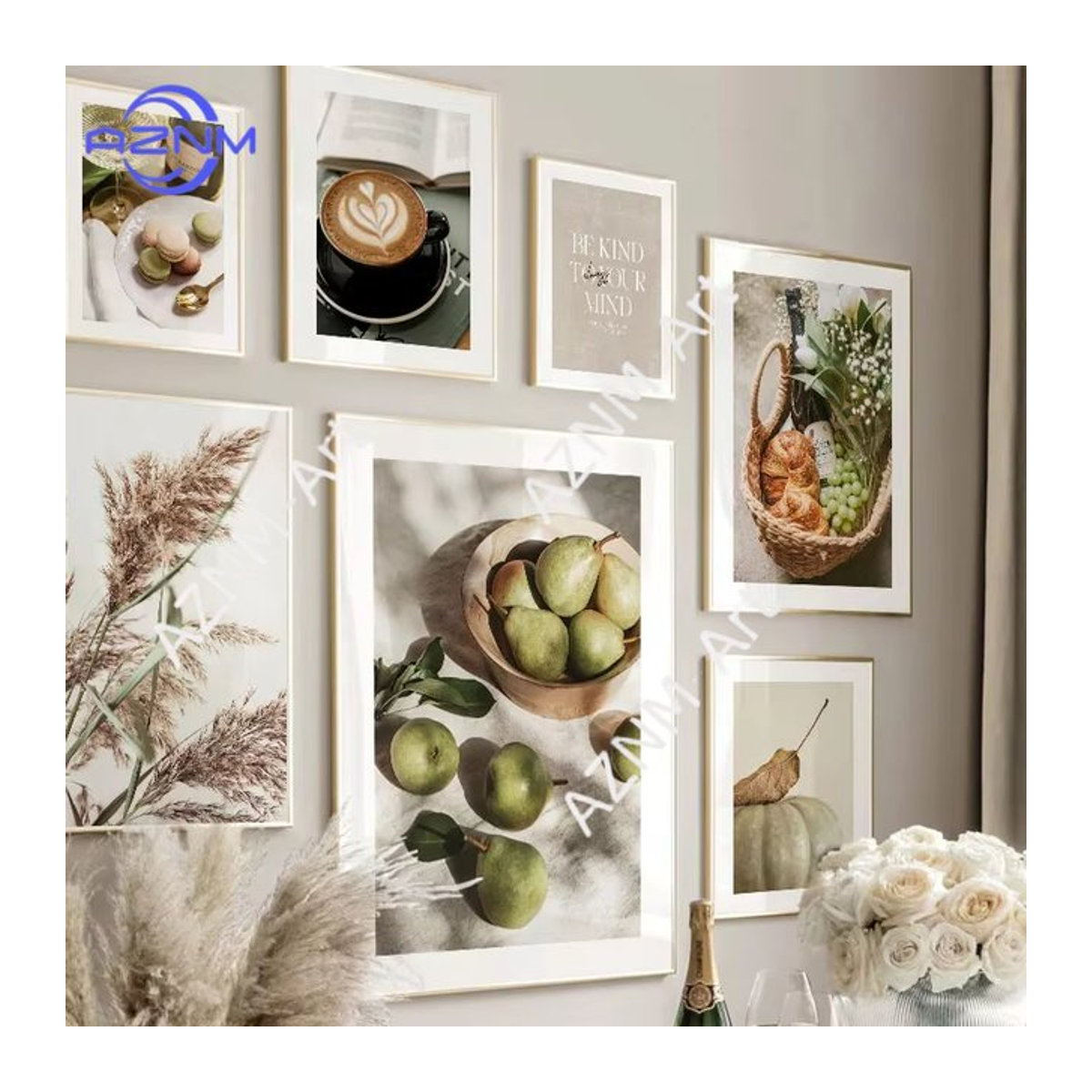 AZNM Vintage Leinwandgemälde Herbstmotiv mit Schilfrohr, Kaffee, Kürbis und Birne in Mehrfarbig für die Wandmontage - Bild 1