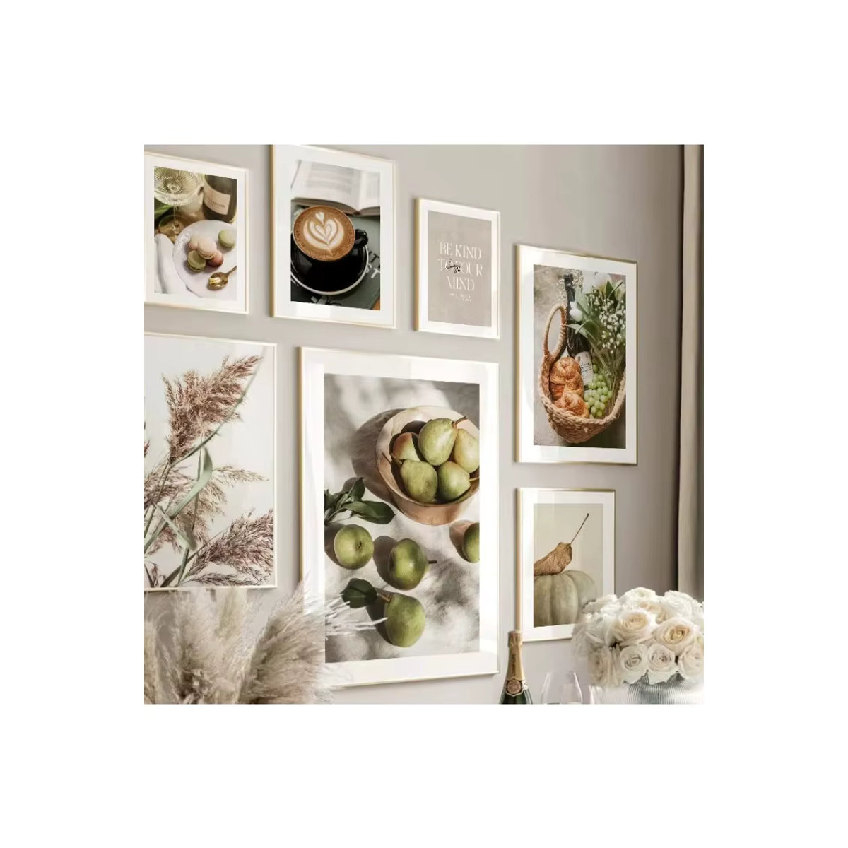 AZNM Vintage Leinwandgemälde Herbstmotiv mit Schilfrohr, Kaffee, Kürbis und Birne in Mehrfarbig für die Wandmontage - Bild 3
