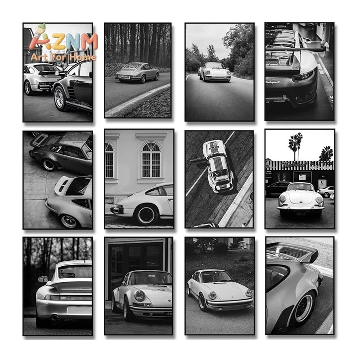 AZNM Vintage Porsche Oldtimer Wandkunstdruck als ungerahmtes Leinwandposter in Schwarz-Weiß im Hochformat - Bild 1