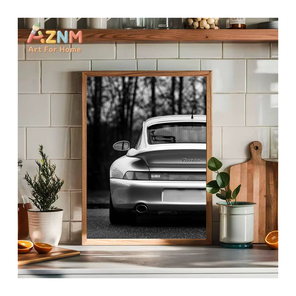 AZNM Vintage Porsche Oldtimer Wandkunstdruck als ungerahmtes Leinwandposter in Schwarz-Weiß im Hochformat - Bild 2
