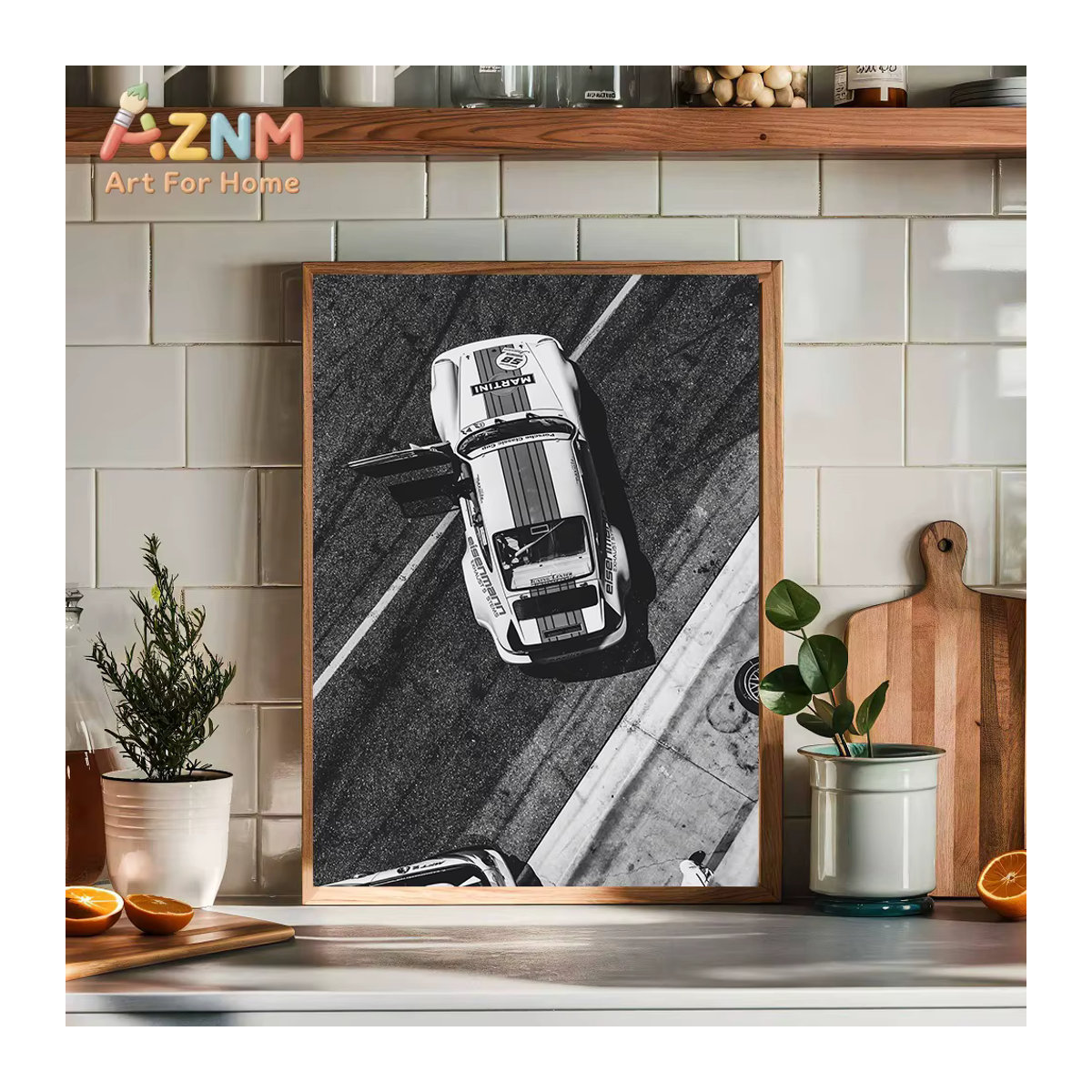 AZNM Vintage Porsche Oldtimer Wandkunstdruck als ungerahmtes Leinwandposter in Schwarz-Weiß im Hochformat - Bild 3
