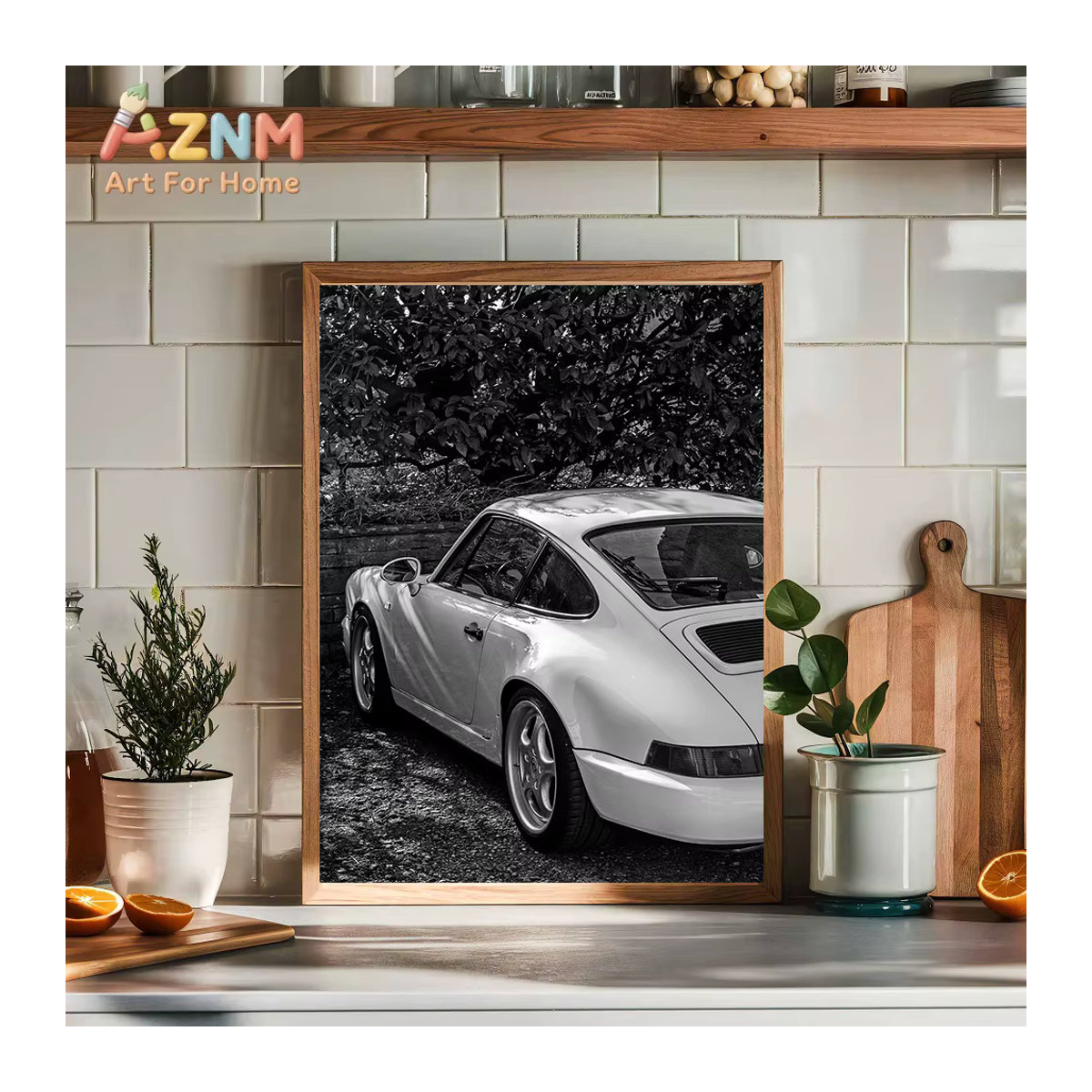 AZNM Vintage Porsche Oldtimer Wandkunstdruck als ungerahmtes Leinwandposter in Schwarz-Weiß im Hochformat - Bild 4