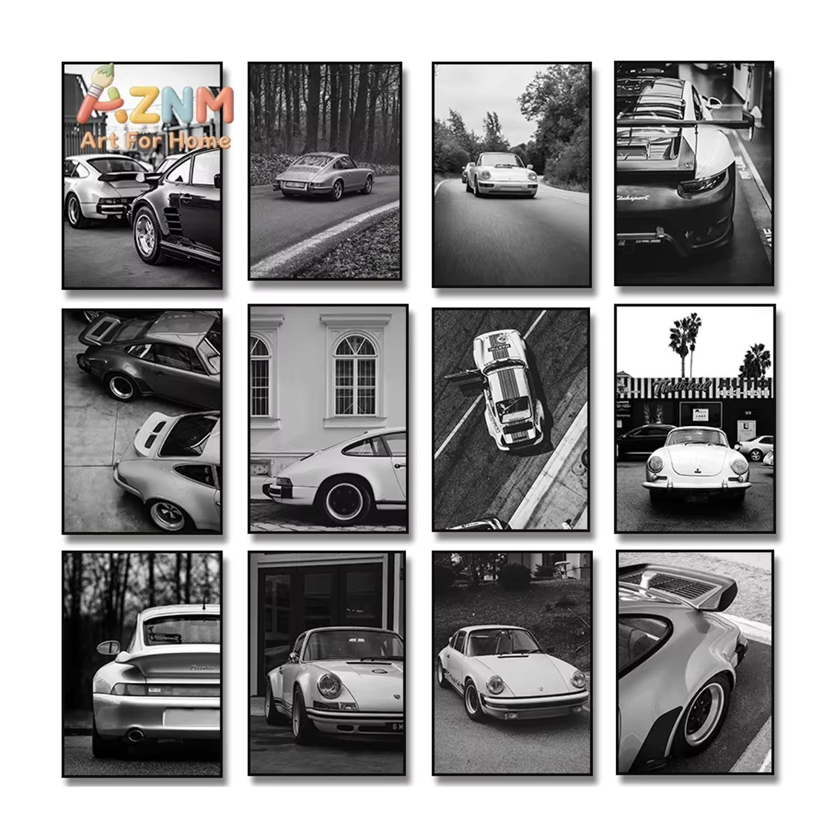 AZNM Vintage Porsche Oldtimer Wandkunstdruck als ungerahmtes Leinwandposter in Schwarz-Weiß im Hochformat - Bild 5