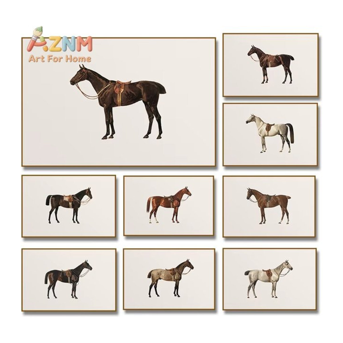 AZNM Vintage Reitsport Pferde-Leinwandgemälde im Querformat, minimalistische Wandkunst für dein Zuhause in mehrfarbigem Design - Bild 1
