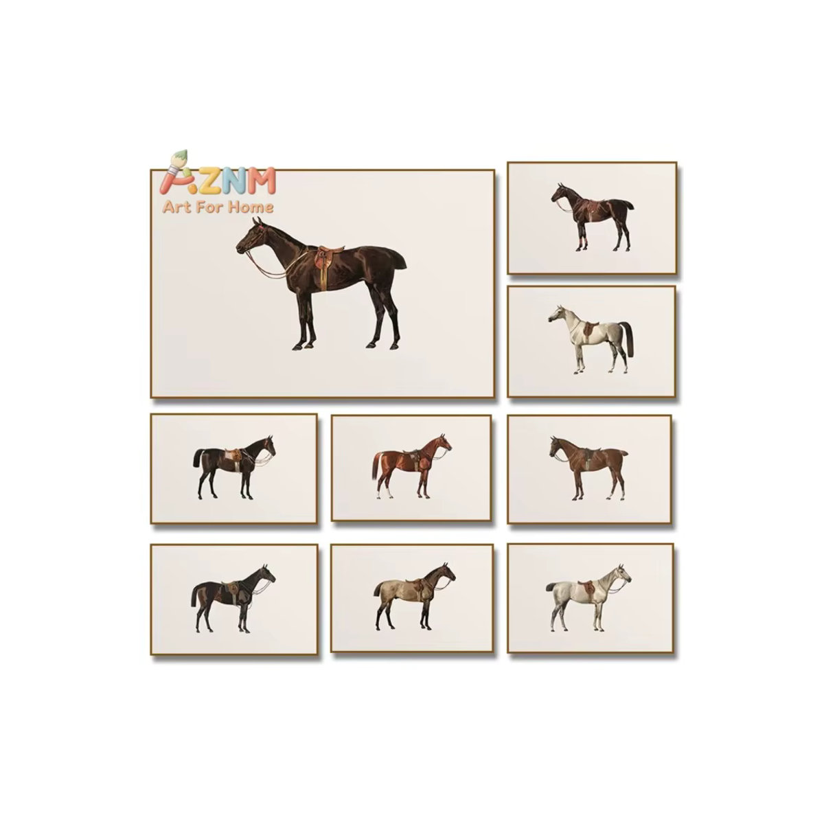 AZNM Vintage Reitsport Pferde-Leinwandgemälde im Querformat, minimalistische Wandkunst für dein Zuhause in mehrfarbigem Design - Bild 3