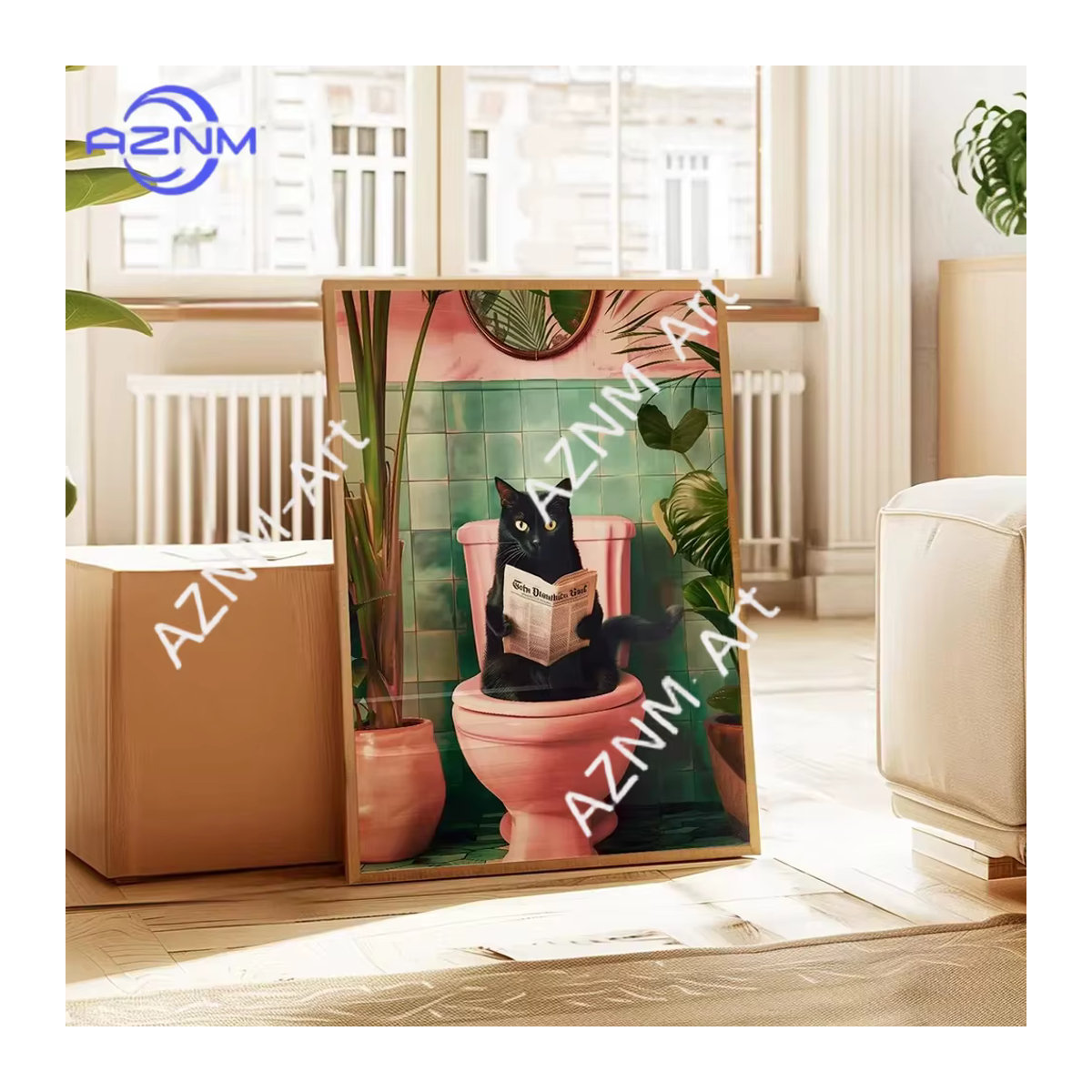 AZNM Wandbild mit Katze am WC als Leinwanddruck für dein Badezimmer, mehrfarbig, ungerahmt - Bild 1