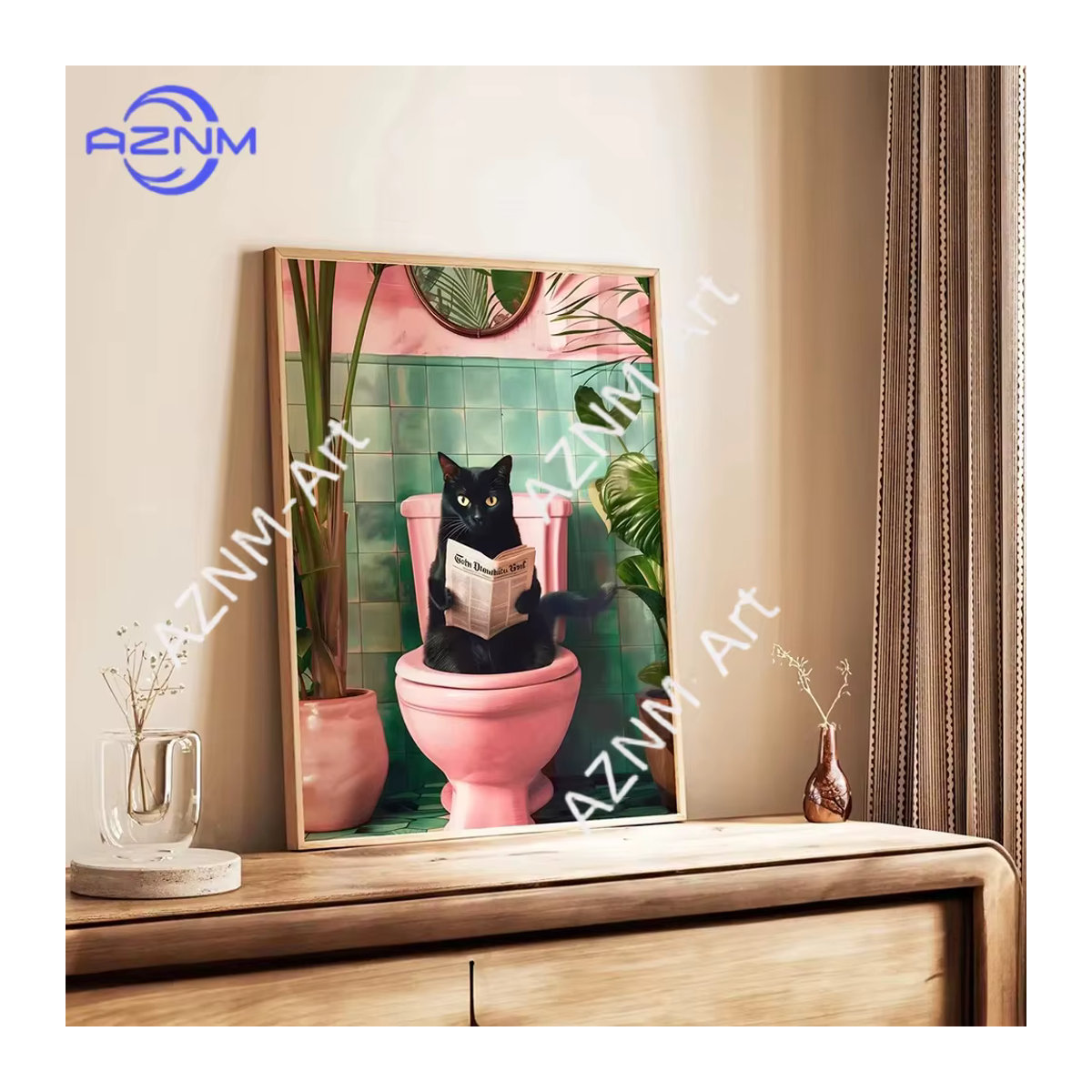 AZNM Wandbild mit Katze am WC als Leinwanddruck für dein Badezimmer, mehrfarbig, ungerahmt - Bild 2