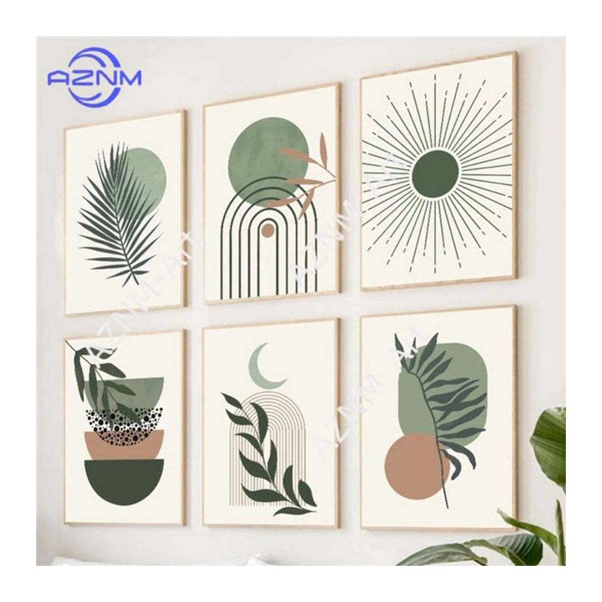 AZNM Wanddeko Set mit abstrakten geometrischen Blättern in Grün und Mehrfarbig, modernes Poster für Wohnzimmer und Apartment, Hochformat aus Papier - Bild 1