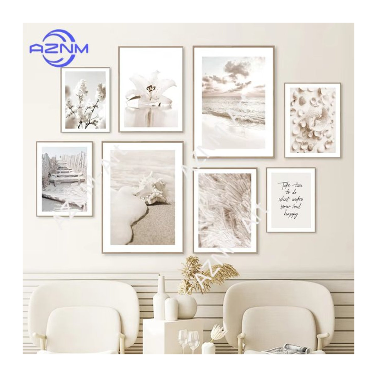 AZNM Wandkunst Leinwand Beige mit Strand Muschel Blumen und Gras im skandinavischen Design für deine Wohnzimmer Dekoration - Bild 1