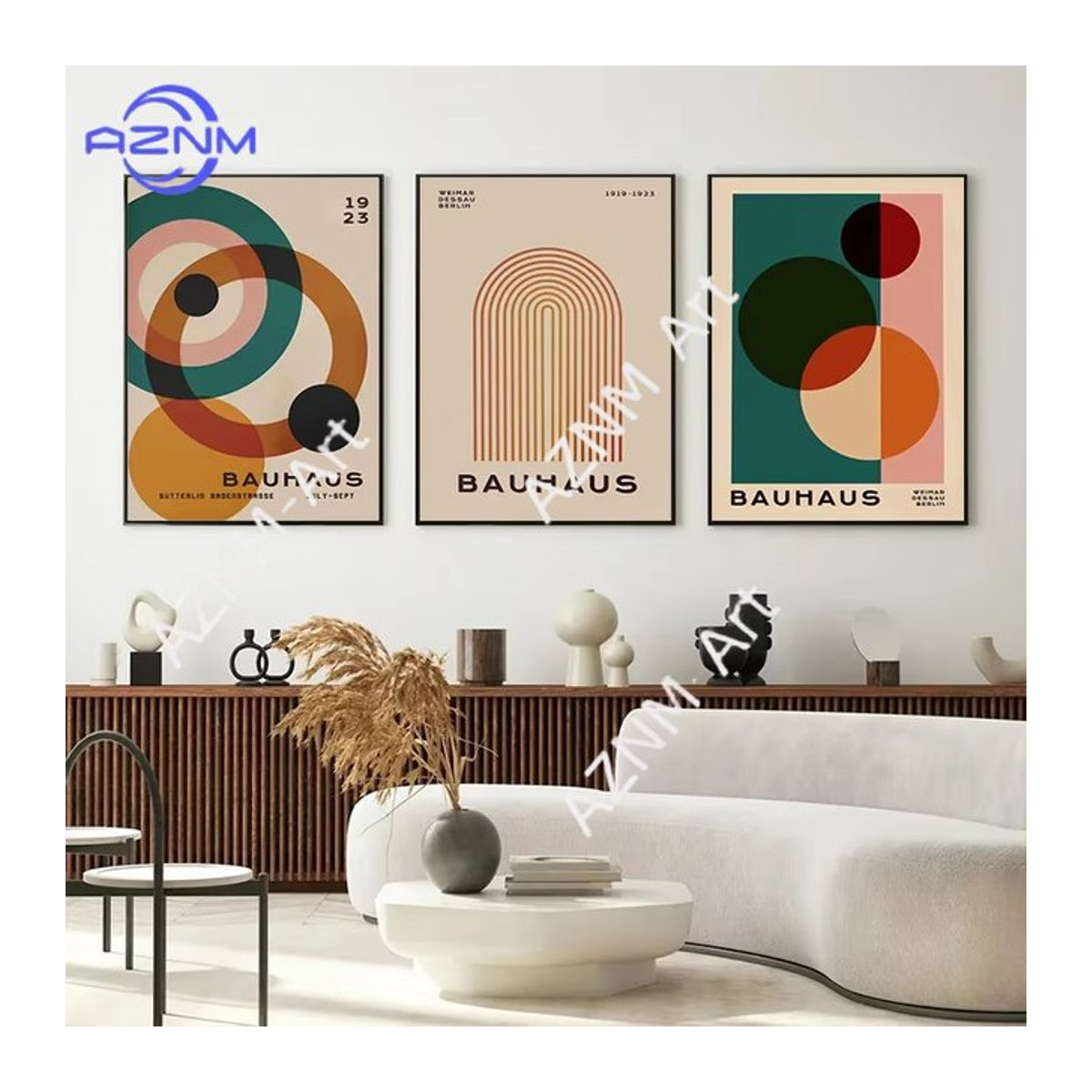 AZNM Wandkunst Leinwandgemälde mit abstraktem geometrischem Bauhaus-Design in Vintage-Optik, mehrfarbig, Hochformat - Bild 1