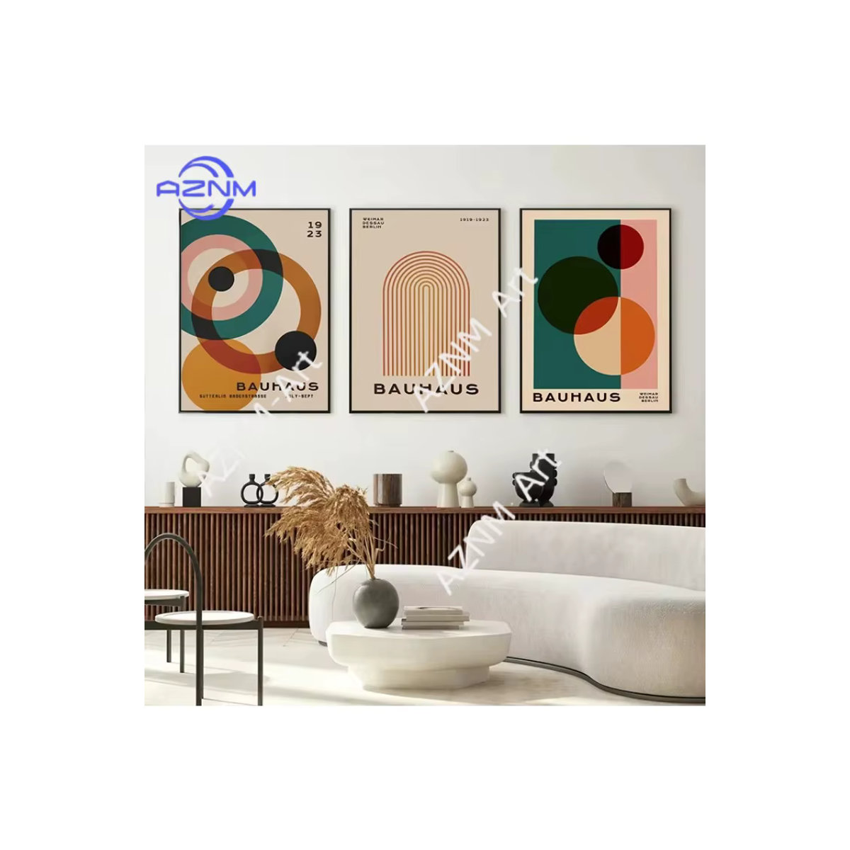 AZNM Wandkunst Leinwandgemälde mit abstraktem geometrischem Bauhaus-Design in Vintage-Optik, mehrfarbig, Hochformat - Bild 6