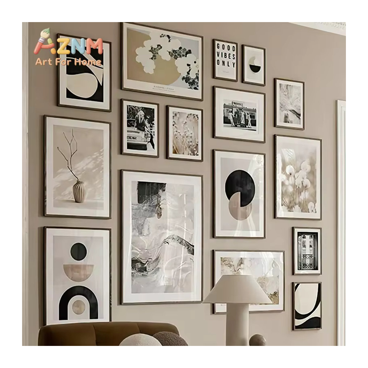 AZNM Wandkunst Leinwandgemälde mit floralem und abstraktem Geometrie-Druck in Beige und Weiß im Vintage-Stil - Bild 1